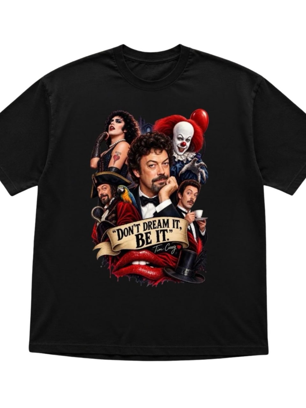 Black Graphic Tee with Multicolor Horror & Theater Portraits